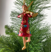 Christbaumschmuck Mini Engel In Einem Rot-Gold-Blauen Kleid Mit Geige 9Cm