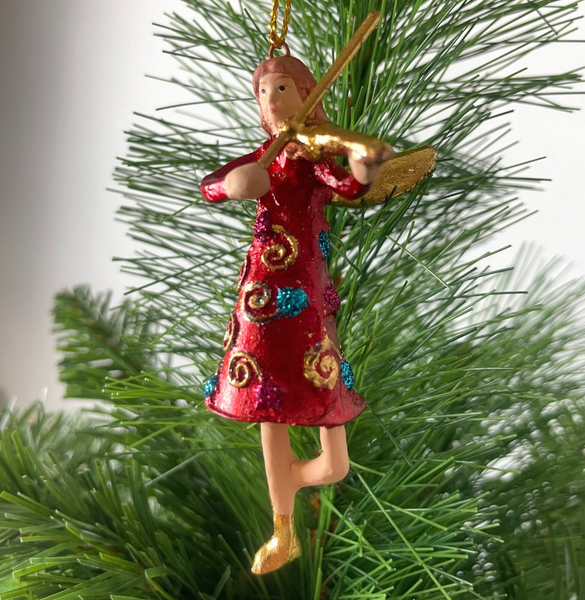 Christbaumschmuck Mini Engel In Einem Rot-Gold-Blauen Kleid Mit Geige 9Cm-image