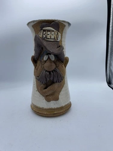 Vintage Ugly Funny 3D Face Mug MMS Mahon Stoneware Pottery Mustache Man Beer 8”