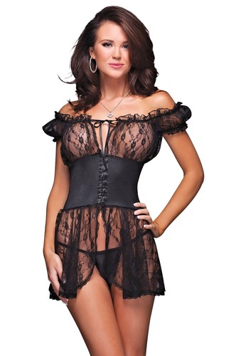 Dress Women's OS Black Lace Babydoll Lingerie Pirate Peasant Gypsy Corset Waist