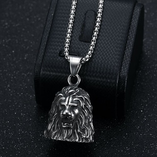 Motorcycle Riding Lucky Bell 3D Lion Head Pendant Necklace Stainless Steel Men - Picture 3 of 10