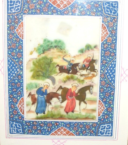 Quadro asiatico mediorientale/persiano dipinto uomini e cavalli del XX secolo - Foto 4 di 9