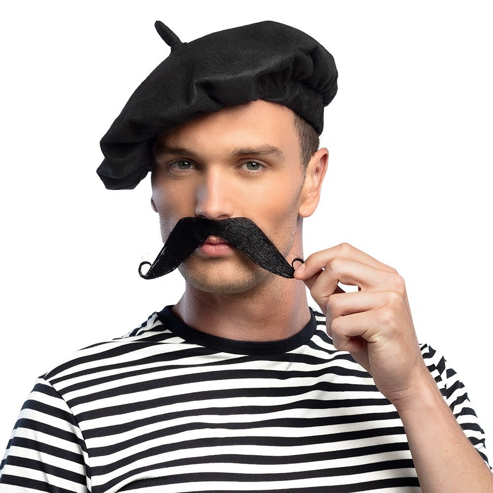 French Man Fancy Dress Set of Black Beret Black Moustache Tash New  Sealed