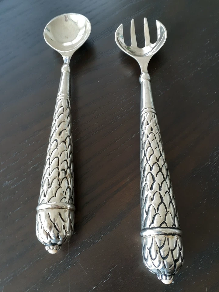 Salad Serving Set Spoon & Fork Vintage Look Silverplated Polished Cast Aluminum - Image 2 of 4