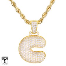 C Initial Bubble Letter Gold Plated Men's Iced CZ Pendant 24" Rope Chain Hip Hop