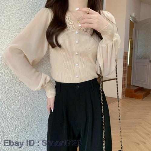 Women Autumn Winter Korean V-Neck Chiffon Long-Sleeve Knit Sweater Blouse - Picture 11 of 28