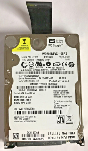 80 GB SATA NOTEBOOK FESTPLATTE WESTERN DIGITAL WD8000BEVS-08RS 2,5'' ZOLL#NFP483