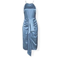 Harlyn $146 Blue Square NeckSpaghetti Strap Ruched Satin Midi Dress M