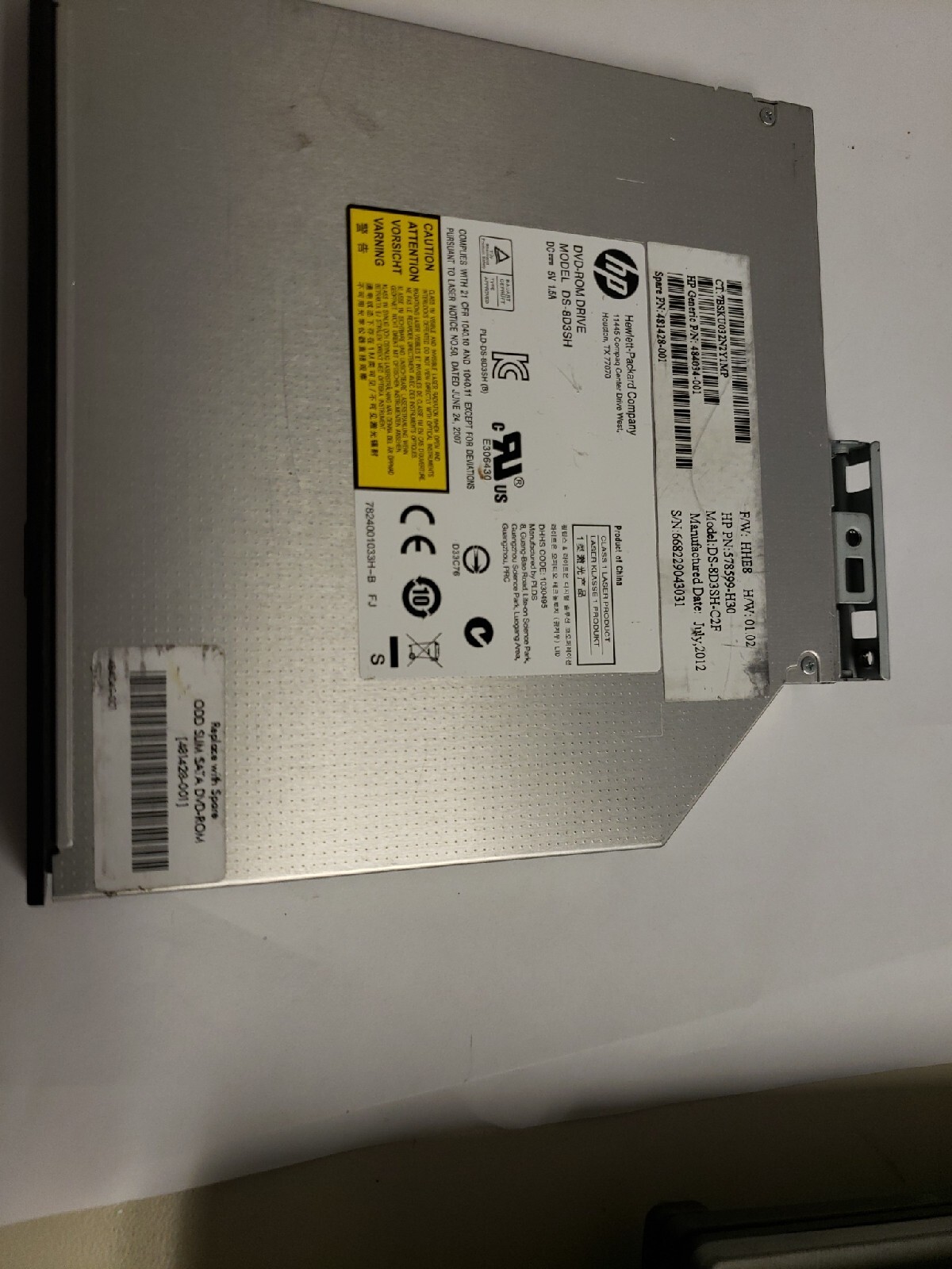 481428-001 HP SATA Slimline DVD-ROM Optical Drive 484034-001 DS 
