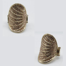 Peachy Pink Rhinestone Stretch Ring Sz 7 Adjustable Concave Statement Gold Tone