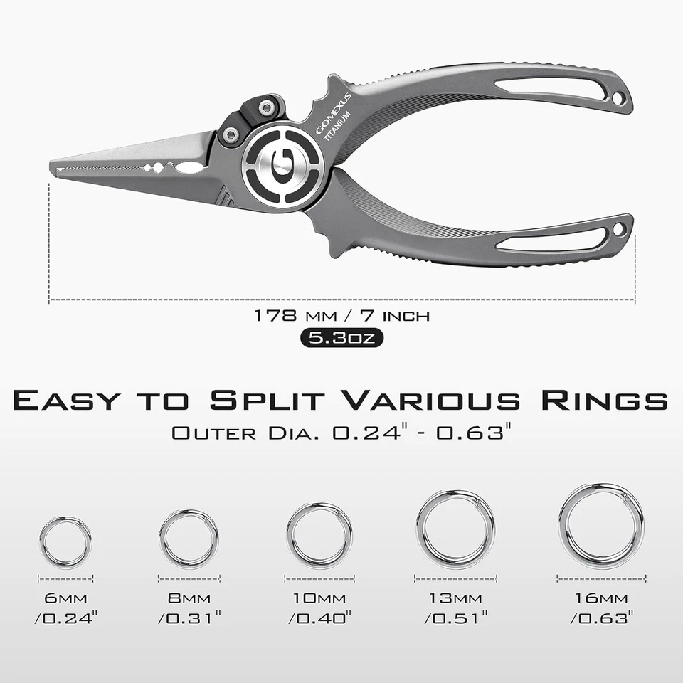 Gomexus Never Rust Titanium Fishing Plier 7'' Leather Sheath lanyard Split Ring - Image 2 of 4