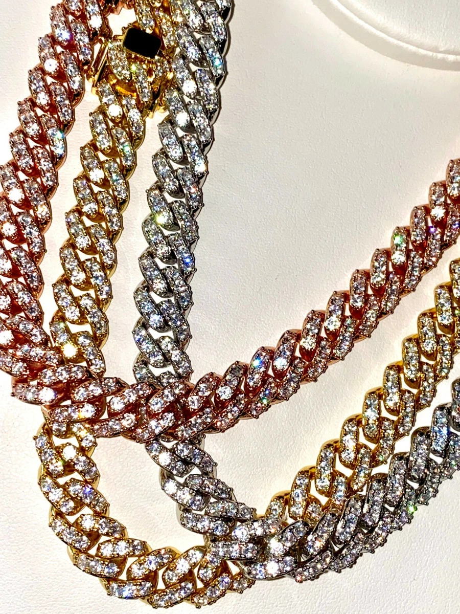 Men s Miami Cuban Link Chain Ice Out 14k White Rose Gold Cz VVS Real ICY Choker