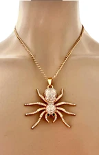 Golden Spider Statement Pendant Necklace Clear Rhinestones Animal Jewelry