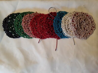 Beaded Hair Bun Cover in Cotton/Metallic Thread-Beaded on every other row