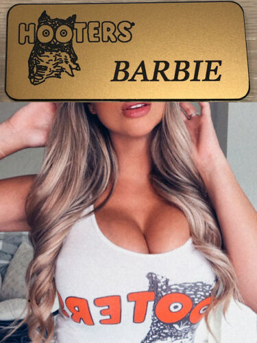 ~NEW~ HOOTERS Girl Uniform Collectible Fun Pin Badge GOLD NAME TAG BARBIE  - Picture 1 of 2