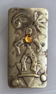 Vintage Deborah Roberts Abstract Modernist Primitive Man Glass Cab Brass Brooch