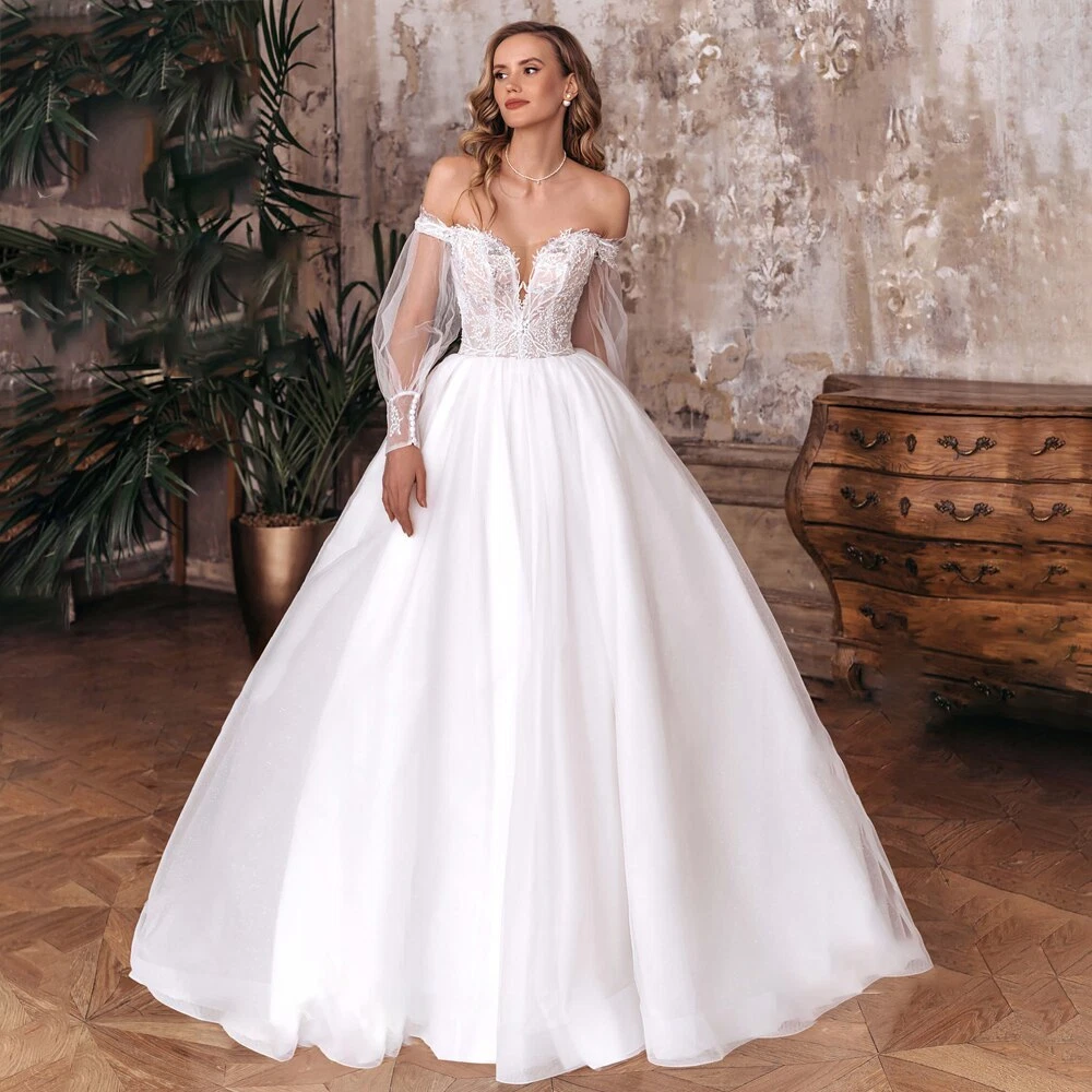 Classic A-Line Wedding Dress Puff Sleeve Court Train Sweetheart Bride Gowns