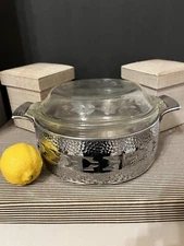 Vintage Pyrex Floral Etched  Casserole Baking Dish In Gorgeous Metal Holder/lid