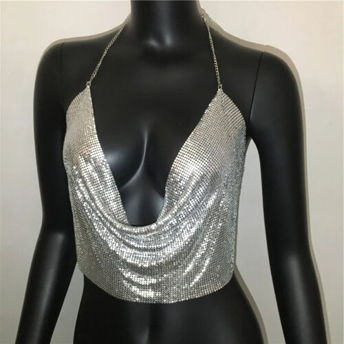 Metal Sequined Halter Women Sexy V Neck Backless Chain Plunge Tank Vest Crop Top - Picture 10 of 14