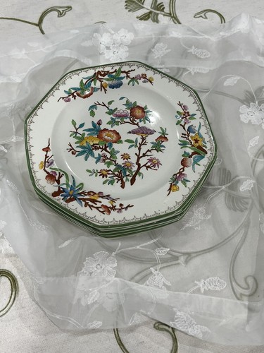 Antique Wedgwood England Octagonal Plates Bird Floral Pattern Green Accent Set 6 - Picture 10 of 11