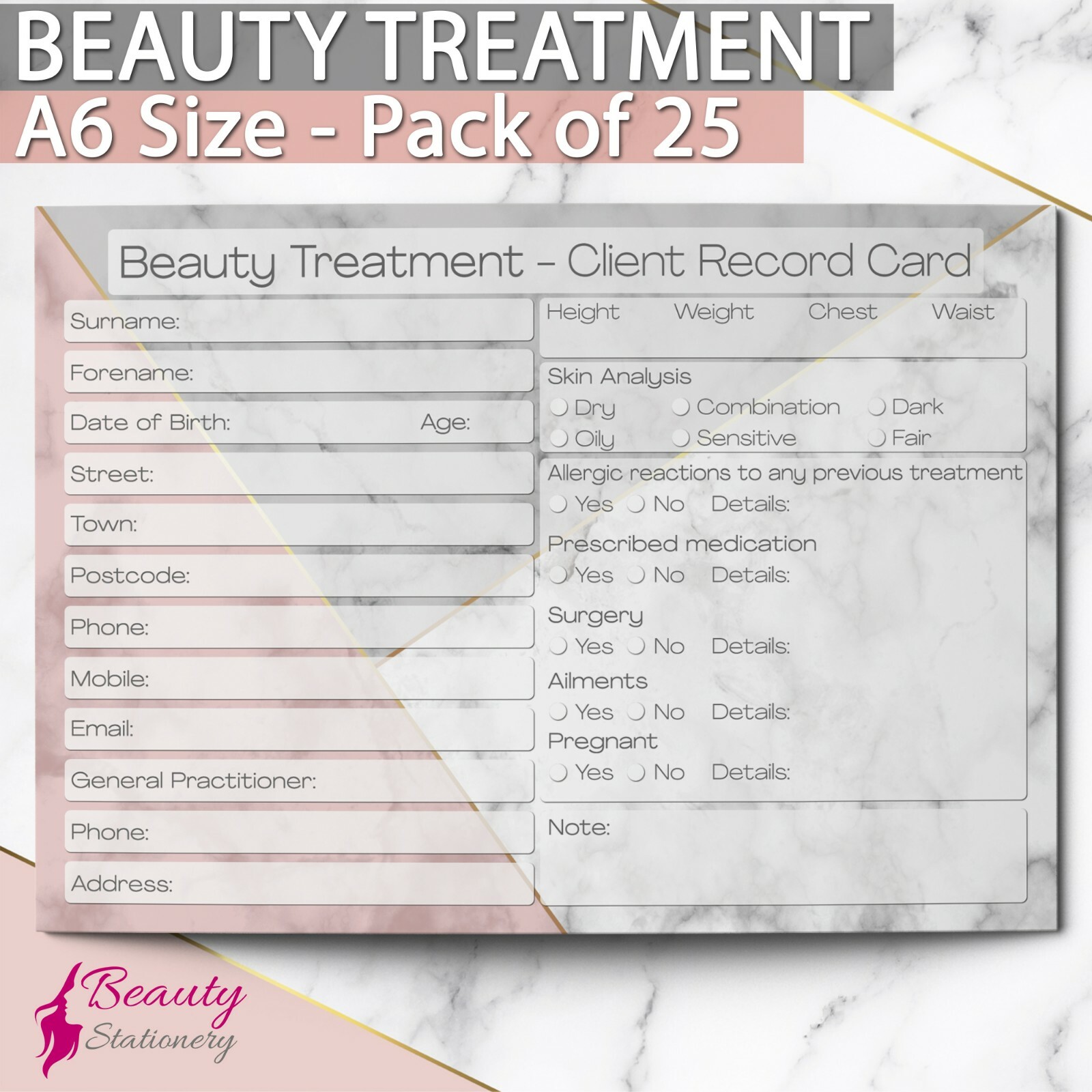 Beauty Client Record Card Consultation Form Beauty Salon Therapists A6 x25