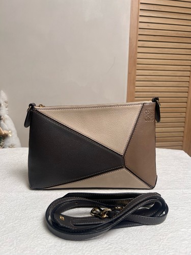 AUTH Loewe Puzzle Pouch Black & Grey Calfskin Gold Hardware Crossbody Bag