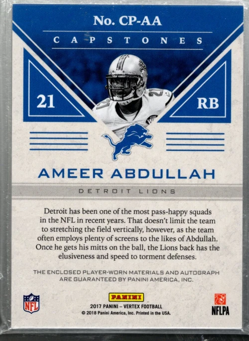 2017 Panini Vertex Capstones Jersey Autographs Quartz #6 Ameer Abdullah Auto /49 - Image 2 of 2