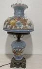 GWTW 3-WAY BIG PARLOR SIZE IRIDESCENT BLUE  MILK-GLASS FLORAL HURRICANE LAMP