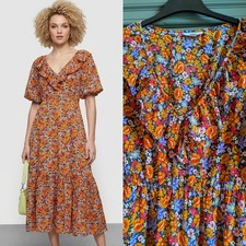 Topshop Red Orange Floral Maxi Ruffle frill Maxi Tea Dress UK 16 44