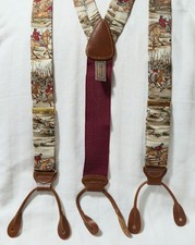 RARE VTG TRAFALGAR MENS HUNT SCENE SILK  LEATHER ADJUSTABLE SUSPENDERS ONE SIZE