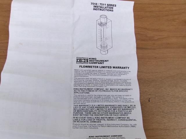 KING INSTRUMENTS FLOW METER 7511212BO8  NIB  FREE SHIPPING