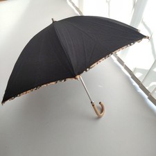 BURBERRY Black Long Sun Umbrella Parasol Nova Check Frill Logo Japan Authentic