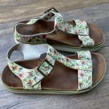 OXYGEN Green Floral Leather Sandals Chunky Platform Flat Footbed size 7.5 EU 41 