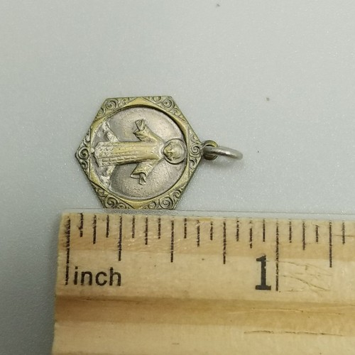 Vintage Sweet Heart of Jesus Pendant Charm Medal Silver Tone Hexagon 1892 - Picture 3 of 7