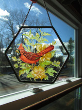 Beveled Glass Hand Painted WINDOW Suncatcher RED CARDINAL BIRD on FLOWER BRANCH