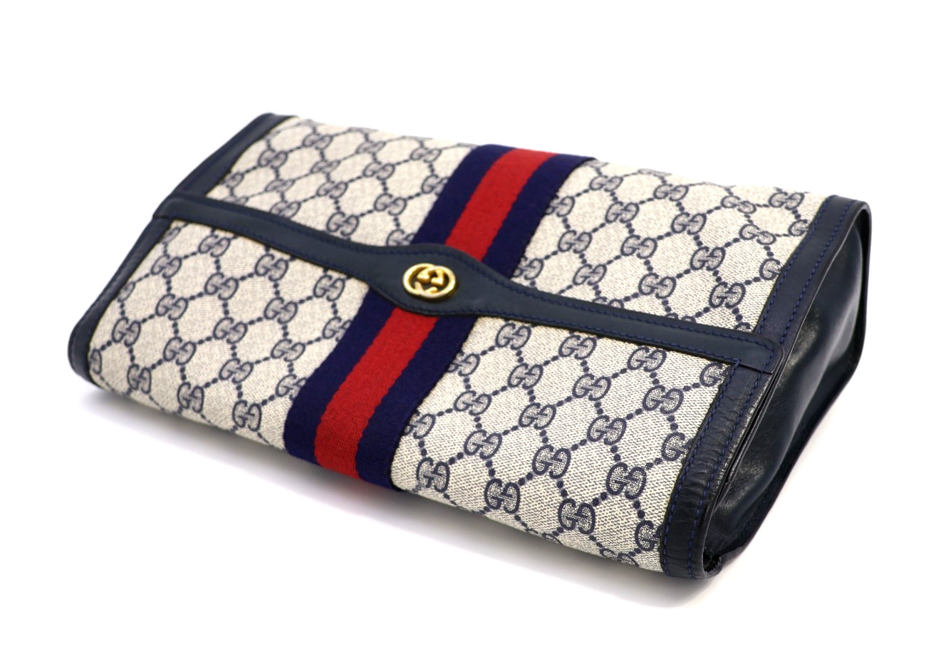 Gucci Vintage Clutch Bag Handbag Purse Sherry GG Supreme Navy Large Authentic thumbnail 2