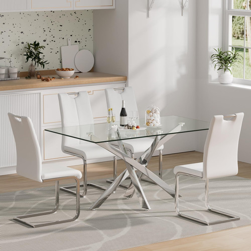 Glass Dining Table Set for 4,63" Glass Kitchen Table Set with PU Chairs,Moder...
