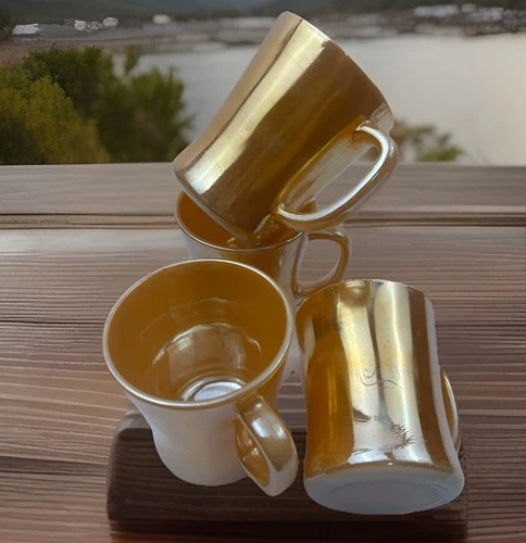 Vintage Fire King Peach Luster Coffee Mugs Set of 4 Anchor Hocking 4” Tall READ