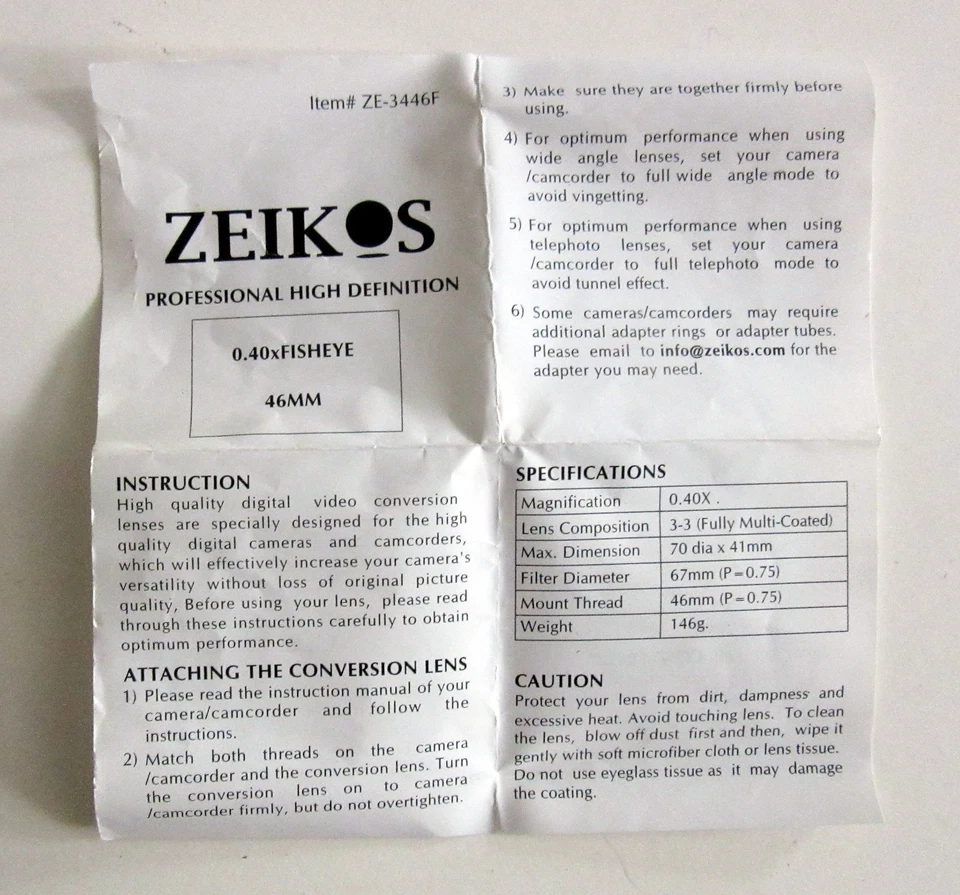 ZEIKOS Professional Super Wide Fish Eye Lens, fits 45/49/52/58mm, Complete - Image 2 of 4