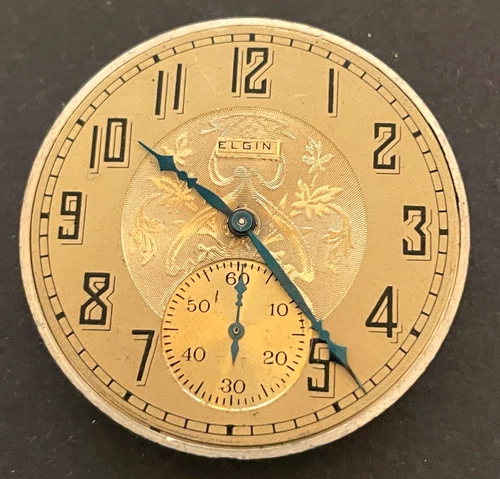 Antique 1925 Elgin Grade 303 Pocket Watch Movement Gold Dial Good Balance 12s 7j