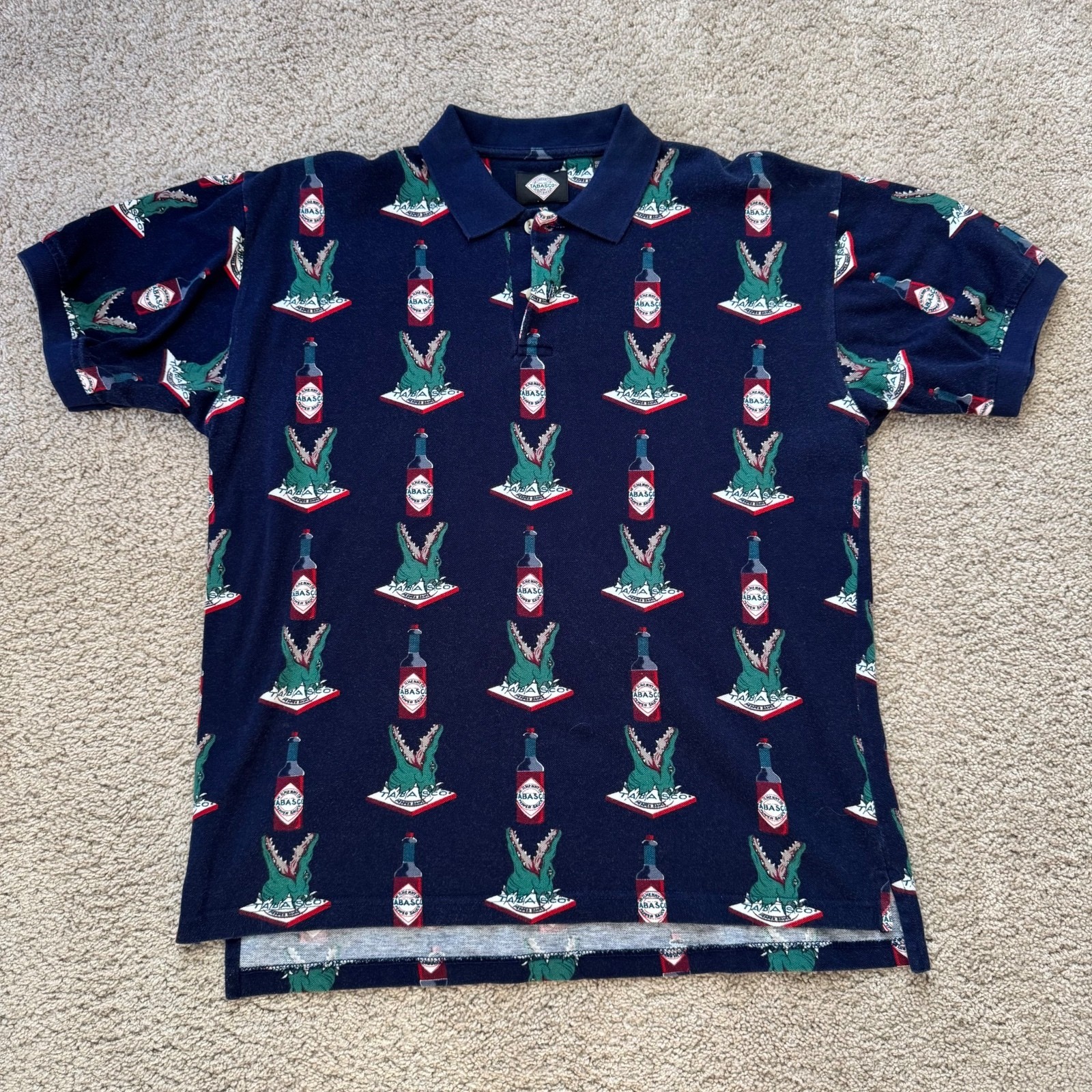Tabasco Polo golf Shirt Mens Medium Multicolor All Over Print Vintage 100%Cotton