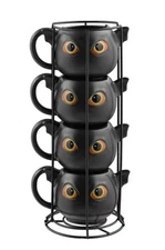 Set of Four Black Bat Mugs with Wire Rack Included. New with Tags Attached