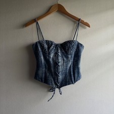 Y2K Denim Acid Wash Lace Up Corset Top Women Small Blue Bustier Grunge