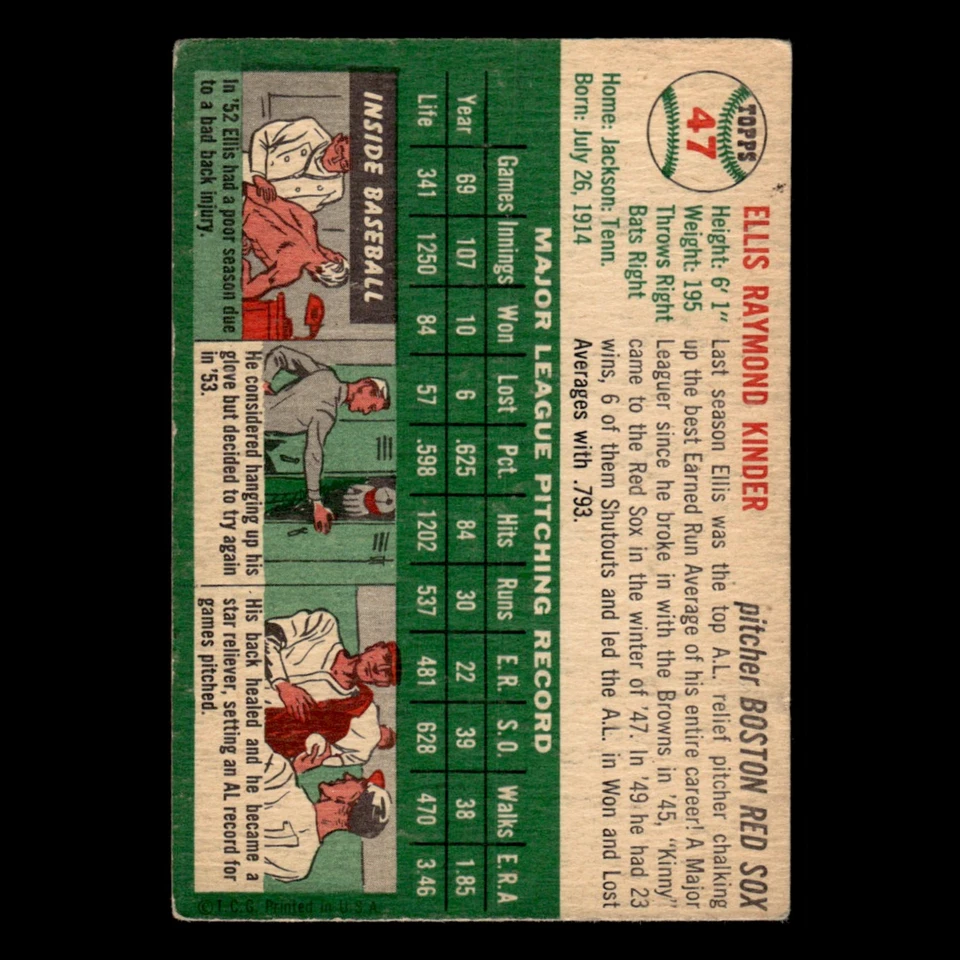 Ellis Kinder #47 1954 Topps Boston Red Sox Baseball Card MLB EX - Image 2 of 3