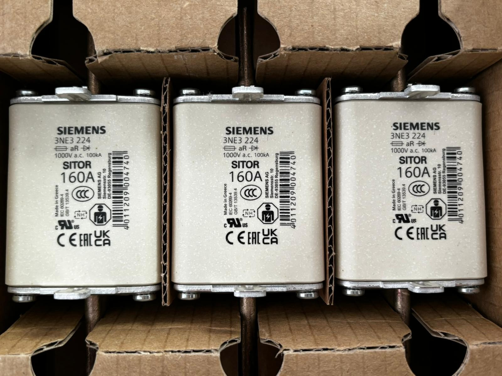 3x Siemens 3NE3 224 SITOR NH1 160A 1000V aR Ceramic Fuse Insert OVP