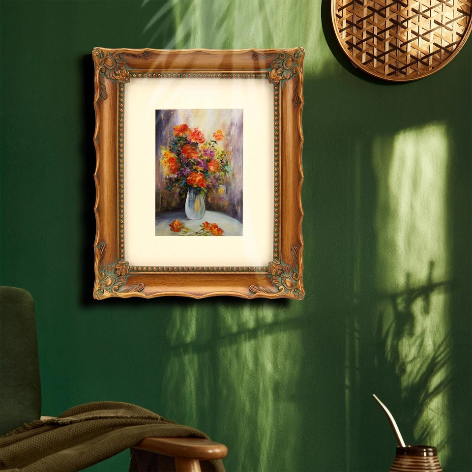 Marco de fotos de resina artesanal ornamentado dorado antiguo 8x10 con exhibición de estera 5x... Foto 3 de 4