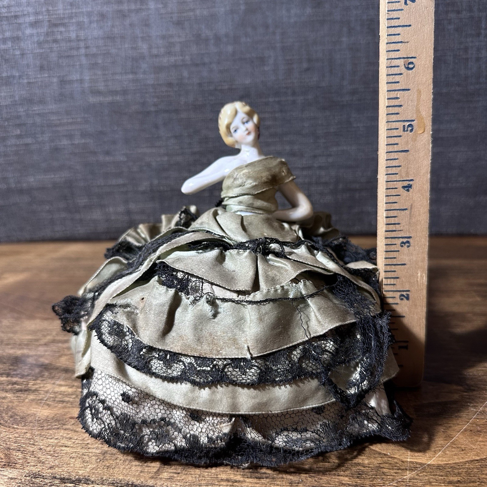 Antique Porcelain Half Doll Pin Cushion Holder Repaired Art Deco
