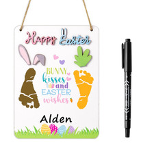 Baby  S First Easter DIY Footprint Wooden Hanging Sign with Marker Pen, 3D Bunny