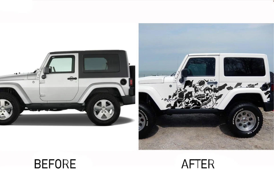 Calcomanía lateral de vinilo adhesiva de coche calavera de barro gráfica para Jeep Wrangler Rubicon SAHARA Foto 2 de 4