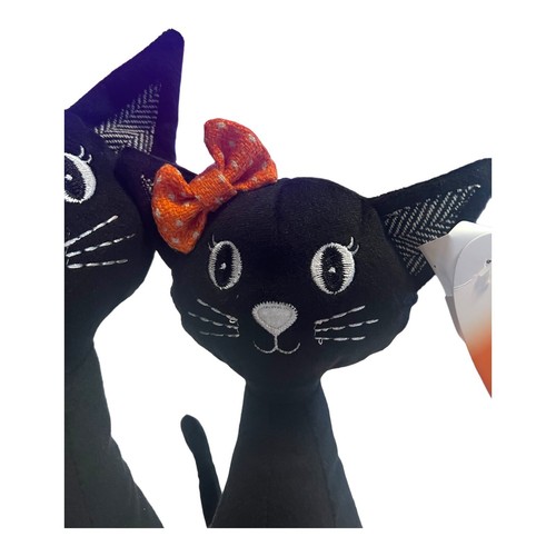 Candy Corn Lane Halloween Weighted Plush Black Cats With Bows And A Pumpkin - Picture 5 of 7